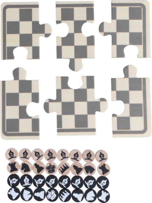 Schaak- en damspel Hank | Hout | Puzzelvorm | In katoenen zakje
