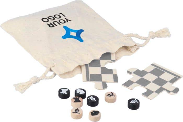 Schaak- en damspel Hank | Hout | Puzzelvorm | In katoenen zakje