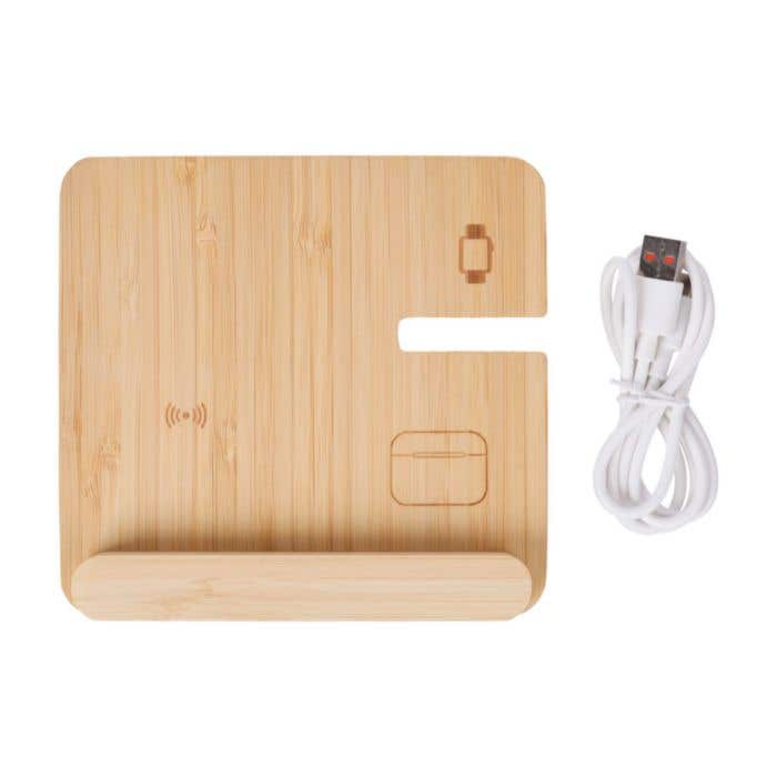 Draadloze oplader Tribu | bamboe | 3-in-1 | Met telefoonhouder
