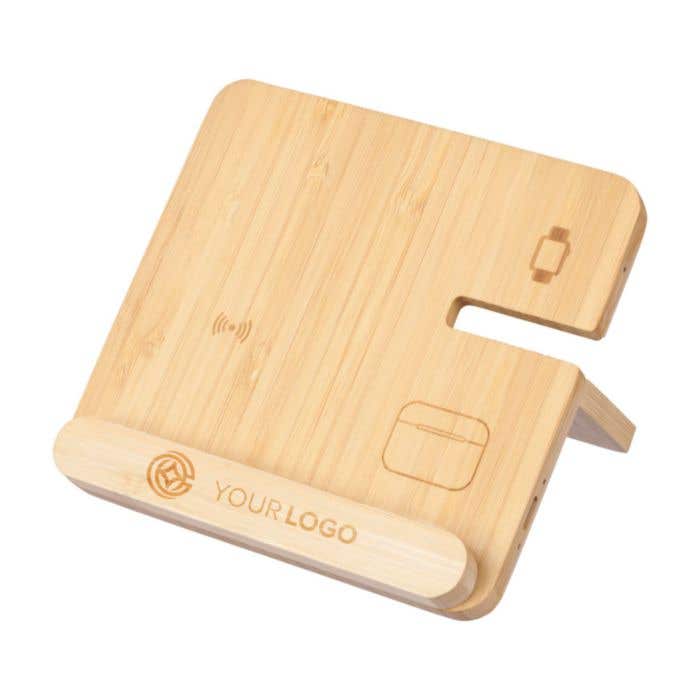 Draadloze oplader Tribu | FSC® bamboe | 3-in-1 | Met telefoonhouder
