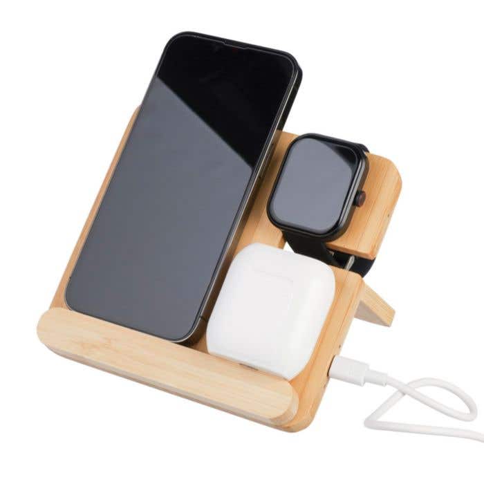 Draadloze oplader Tribu | bamboe | 3-in-1 | Met telefoonhouder