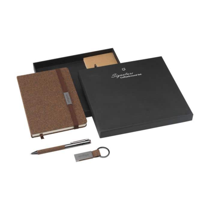 Geschenkset Signature CoffeeGround | Notitieboek, balpen en sleutelhanger | FSC® papier | In giftbox